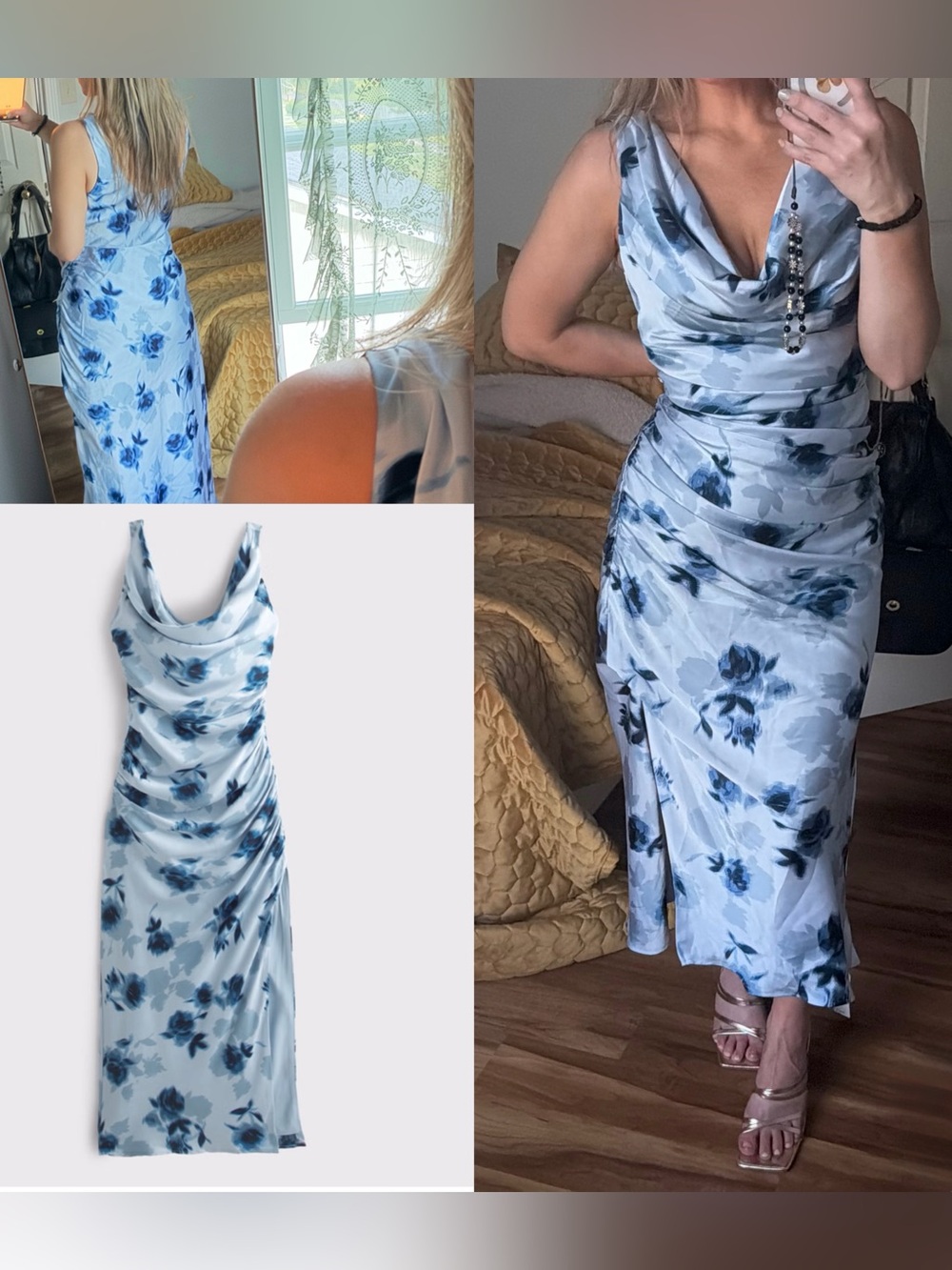 NWT Abercrombie Cowl Neck Draped Maxi midi Dress in Blue Floral small petite
